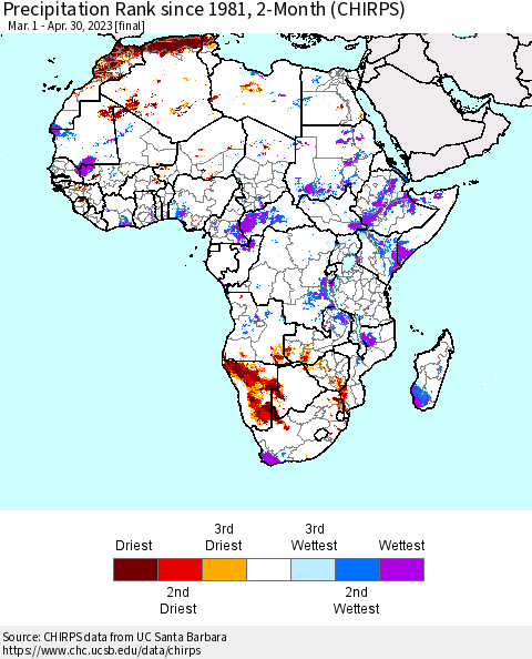 Africa Precipitation Rank since 1981, 2-Month (CHIRPS) Thematic Map For 3/1/2023 - 4/30/2023