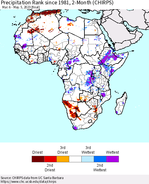 Africa Precipitation Rank since 1981, 2-Month (CHIRPS) Thematic Map For 3/6/2023 - 5/5/2023