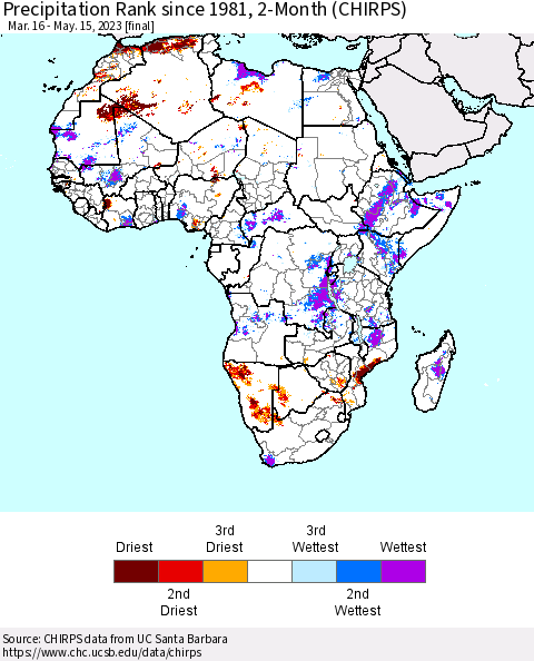 Africa Precipitation Rank since 1981, 2-Month (CHIRPS) Thematic Map For 3/16/2023 - 5/15/2023