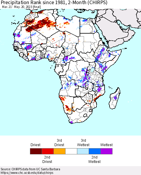 Africa Precipitation Rank since 1981, 2-Month (CHIRPS) Thematic Map For 3/21/2023 - 5/20/2023
