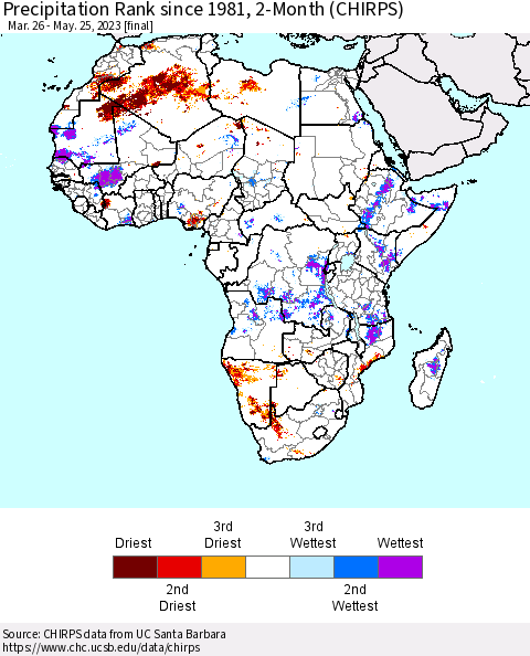 Africa Precipitation Rank since 1981, 2-Month (CHIRPS) Thematic Map For 3/26/2023 - 5/25/2023