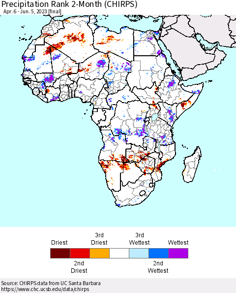 Africa Precipitation Rank since 1981, 2-Month (CHIRPS) Thematic Map For 4/6/2023 - 6/5/2023