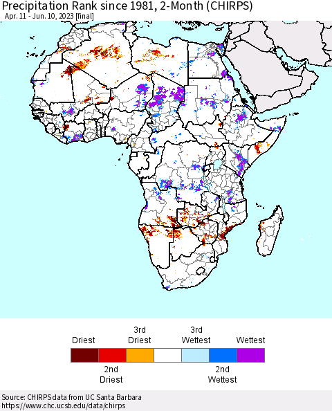 Africa Precipitation Rank since 1981, 2-Month (CHIRPS) Thematic Map For 4/11/2023 - 6/10/2023