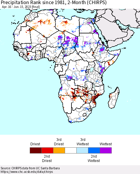 Africa Precipitation Rank since 1981, 2-Month (CHIRPS) Thematic Map For 4/16/2023 - 6/15/2023