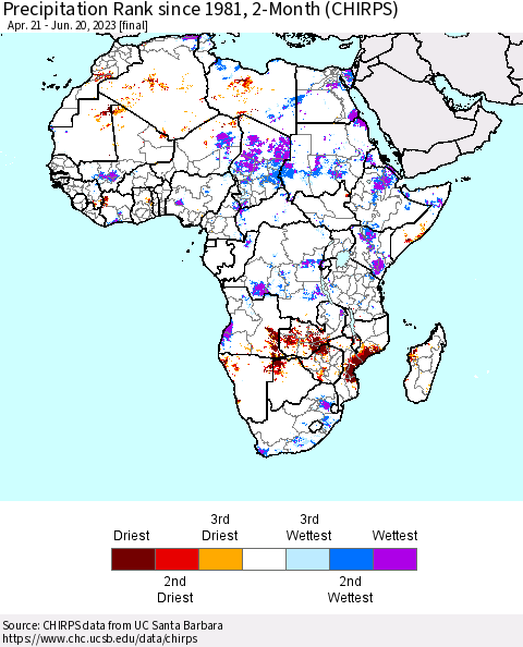 Africa Precipitation Rank since 1981, 2-Month (CHIRPS) Thematic Map For 4/21/2023 - 6/20/2023