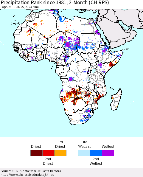 Africa Precipitation Rank since 1981, 2-Month (CHIRPS) Thematic Map For 4/26/2023 - 6/25/2023