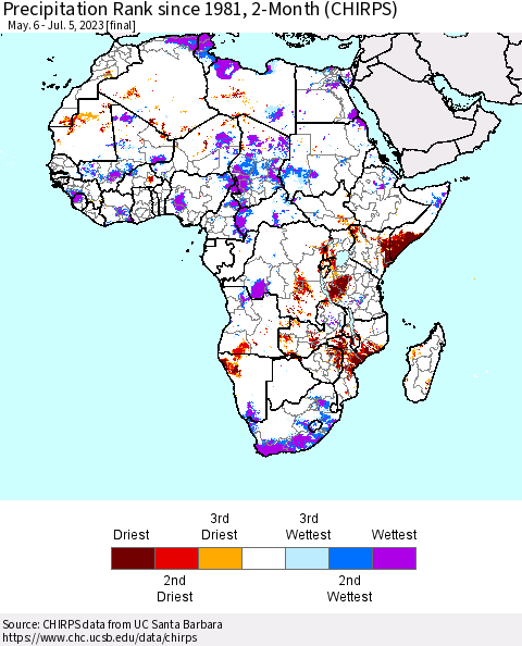 Africa Precipitation Rank since 1981, 2-Month (CHIRPS) Thematic Map For 5/6/2023 - 7/5/2023