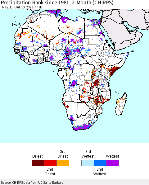 Africa Precipitation Rank since 1981, 2-Month (CHIRPS) Thematic Map For 5/11/2023 - 7/10/2023
