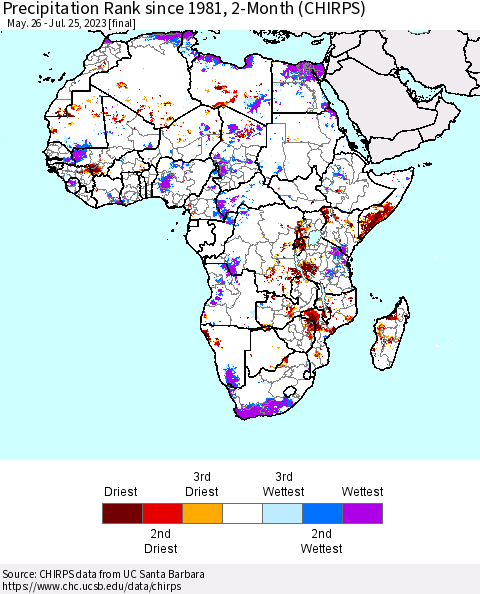 Africa Precipitation Rank since 1981, 2-Month (CHIRPS) Thematic Map For 5/26/2023 - 7/25/2023