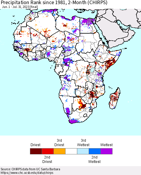 Africa Precipitation Rank since 1981, 2-Month (CHIRPS) Thematic Map For 6/1/2023 - 7/31/2023