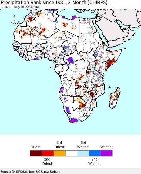 Africa Precipitation Rank since 1981, 2-Month (CHIRPS) Thematic Map For 6/11/2023 - 8/10/2023
