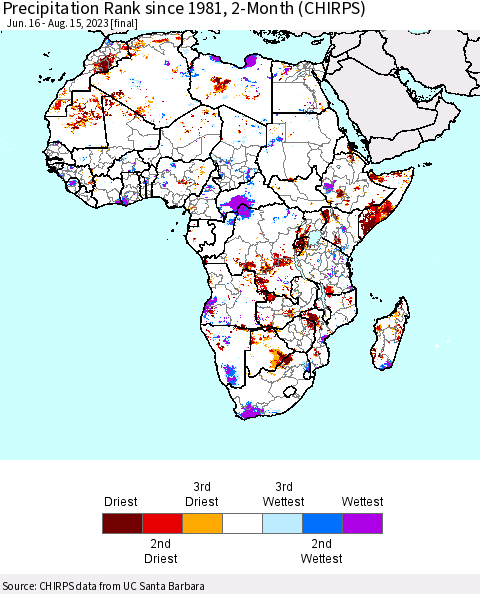 Africa Precipitation Rank since 1981, 2-Month (CHIRPS) Thematic Map For 6/16/2023 - 8/15/2023