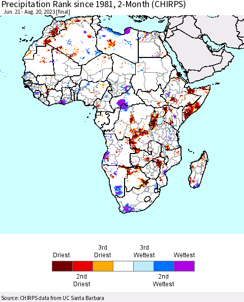 Africa Precipitation Rank since 1981, 2-Month (CHIRPS) Thematic Map For 6/21/2023 - 8/20/2023