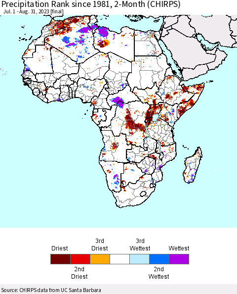 Africa Precipitation Rank since 1981, 2-Month (CHIRPS) Thematic Map For 7/1/2023 - 8/31/2023