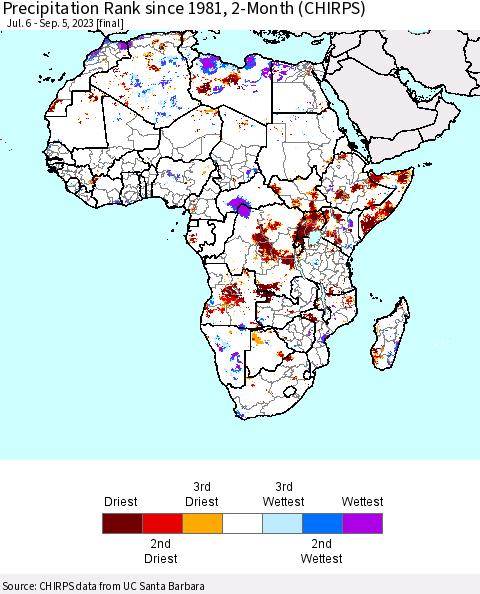 Africa Precipitation Rank since 1981, 2-Month (CHIRPS) Thematic Map For 7/6/2023 - 9/5/2023