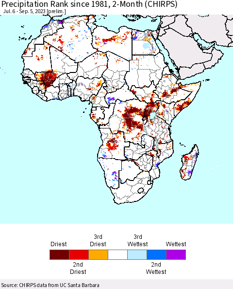 Africa Precipitation Rank since 1981, 2-Month (CHIRPS) Thematic Map For 7/6/2023 - 9/5/2023
