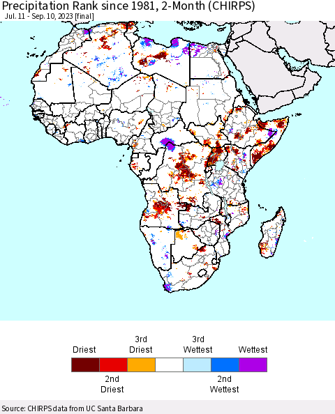 Africa Precipitation Rank since 1981, 2-Month (CHIRPS) Thematic Map For 7/11/2023 - 9/10/2023