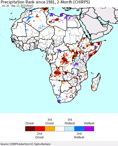 Africa Precipitation Rank since 1981, 2-Month (CHIRPS) Thematic Map For 7/16/2023 - 9/15/2023
