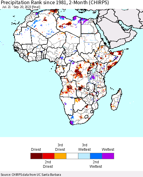 Africa Precipitation Rank since 1981, 2-Month (CHIRPS) Thematic Map For 7/21/2023 - 9/20/2023