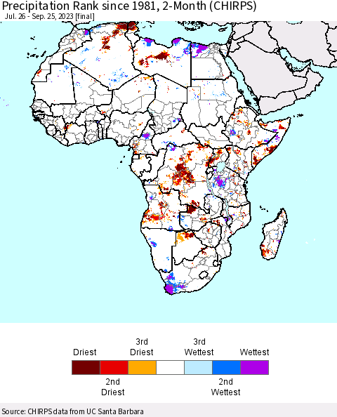 Africa Precipitation Rank since 1981, 2-Month (CHIRPS) Thematic Map For 7/26/2023 - 9/25/2023