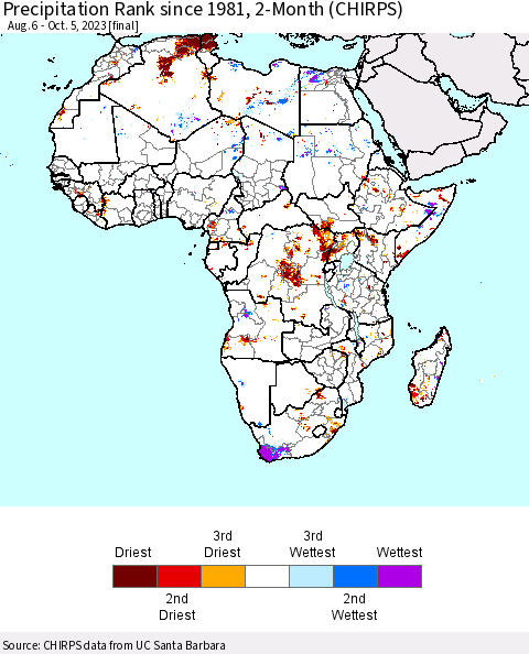 Africa Precipitation Rank since 1981, 2-Month (CHIRPS) Thematic Map For 8/6/2023 - 10/5/2023