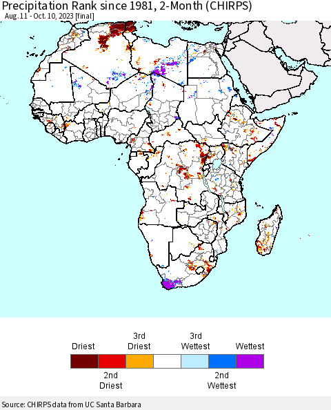Africa Precipitation Rank since 1981, 2-Month (CHIRPS) Thematic Map For 8/11/2023 - 10/10/2023