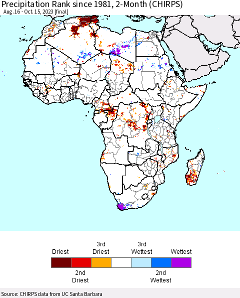 Africa Precipitation Rank since 1981, 2-Month (CHIRPS) Thematic Map For 8/16/2023 - 10/15/2023