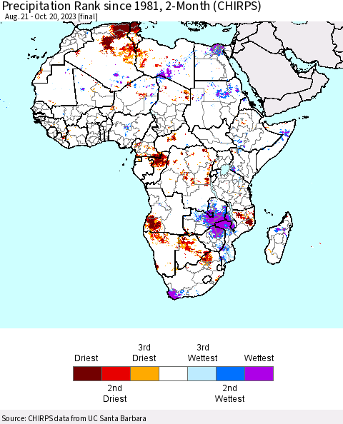 Africa Precipitation Rank since 1981, 2-Month (CHIRPS) Thematic Map For 8/21/2023 - 10/20/2023