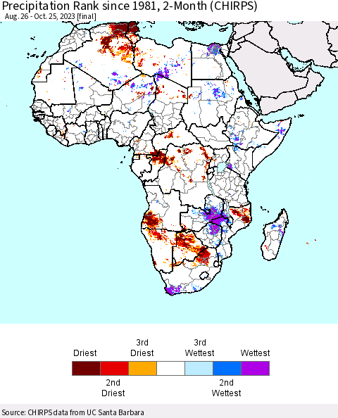 Africa Precipitation Rank since 1981, 2-Month (CHIRPS) Thematic Map For 8/26/2023 - 10/25/2023