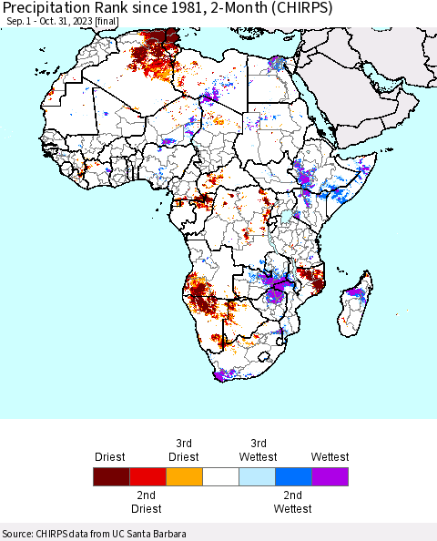 Africa Precipitation Rank since 1981, 2-Month (CHIRPS) Thematic Map For 9/1/2023 - 10/31/2023