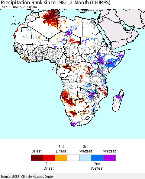 Africa Precipitation Rank since 1981, 2-Month (CHIRPS) Thematic Map For 9/6/2023 - 11/5/2023
