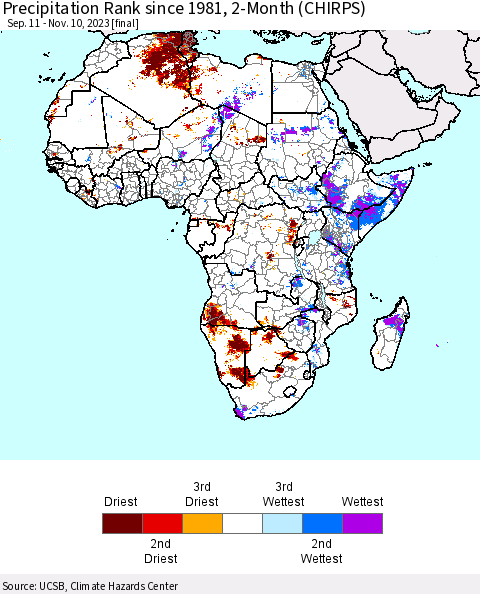 Africa Precipitation Rank since 1981, 2-Month (CHIRPS) Thematic Map For 9/11/2023 - 11/10/2023