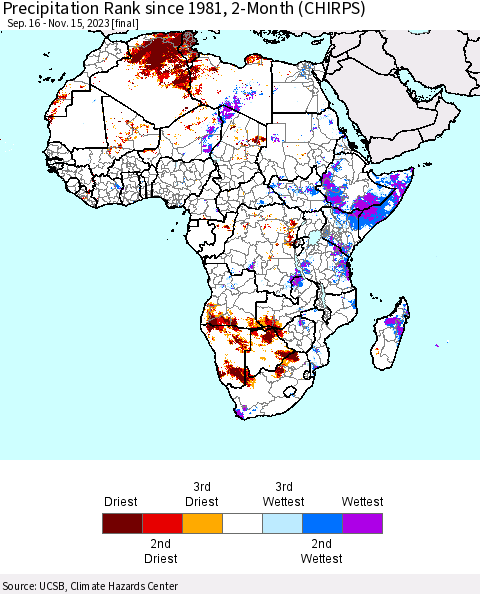 Africa Precipitation Rank since 1981, 2-Month (CHIRPS) Thematic Map For 9/16/2023 - 11/15/2023
