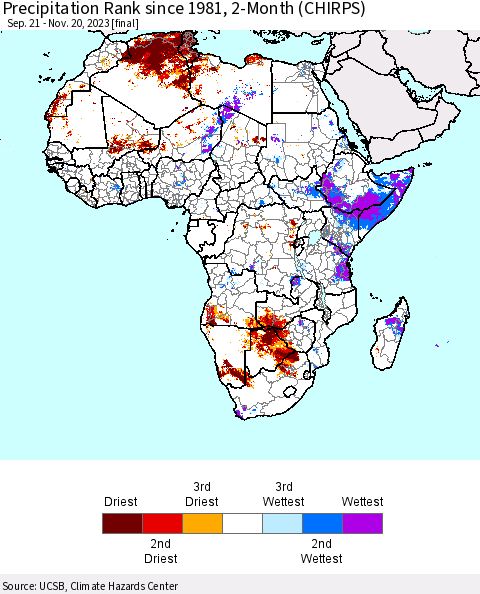 Africa Precipitation Rank since 1981, 2-Month (CHIRPS) Thematic Map For 9/21/2023 - 11/20/2023