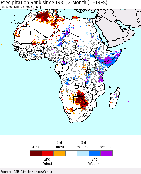 Africa Precipitation Rank since 1981, 2-Month (CHIRPS) Thematic Map For 9/26/2023 - 11/25/2023