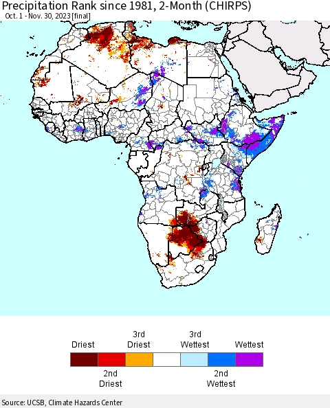 Africa Precipitation Rank since 1981, 2-Month (CHIRPS) Thematic Map For 10/1/2023 - 11/30/2023
