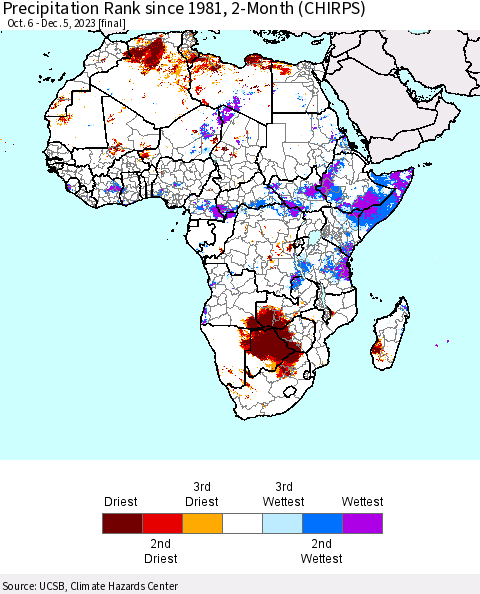 Africa Precipitation Rank since 1981, 2-Month (CHIRPS) Thematic Map For 10/6/2023 - 12/5/2023
