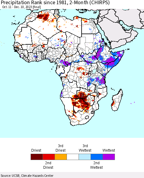 Africa Precipitation Rank since 1981, 2-Month (CHIRPS) Thematic Map For 10/11/2023 - 12/10/2023