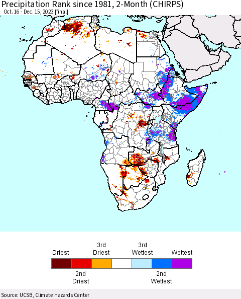 Africa Precipitation Rank since 1981, 2-Month (CHIRPS) Thematic Map For 10/16/2023 - 12/15/2023