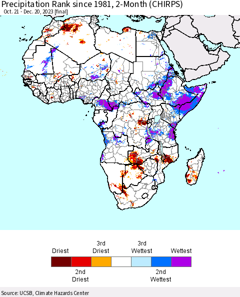 Africa Precipitation Rank since 1981, 2-Month (CHIRPS) Thematic Map For 10/21/2023 - 12/20/2023