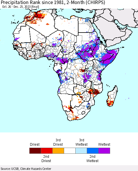Africa Precipitation Rank since 1981, 2-Month (CHIRPS) Thematic Map For 10/26/2023 - 12/25/2023