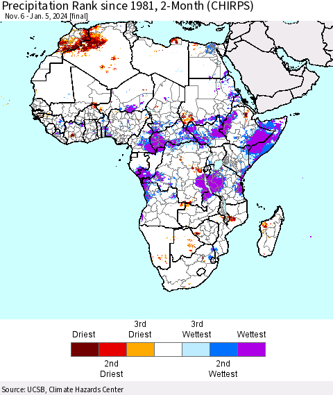 Africa Precipitation Rank since 1981, 2-Month (CHIRPS) Thematic Map For 11/6/2023 - 1/5/2024