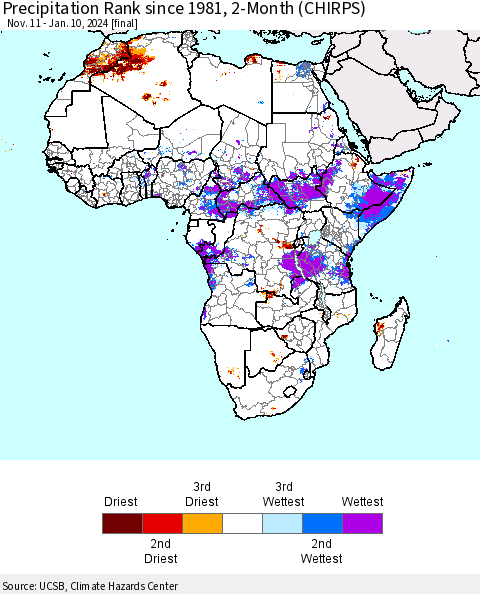 Africa Precipitation Rank since 1981, 2-Month (CHIRPS) Thematic Map For 11/11/2023 - 1/10/2024