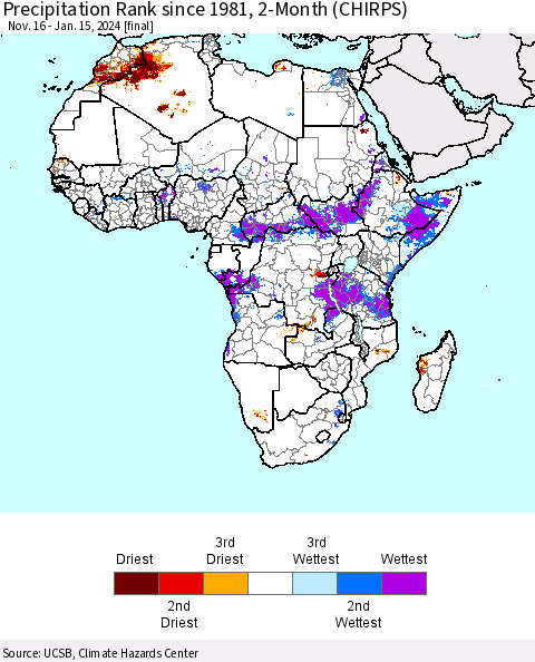 Africa Precipitation Rank since 1981, 2-Month (CHIRPS) Thematic Map For 11/16/2023 - 1/15/2024