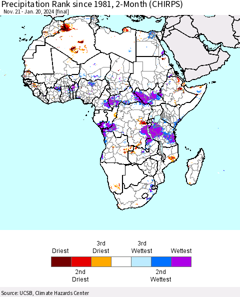 Africa Precipitation Rank since 1981, 2-Month (CHIRPS) Thematic Map For 11/21/2023 - 1/20/2024