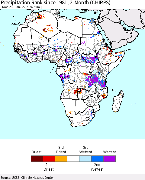 Africa Precipitation Rank since 1981, 2-Month (CHIRPS) Thematic Map For 11/26/2023 - 1/25/2024