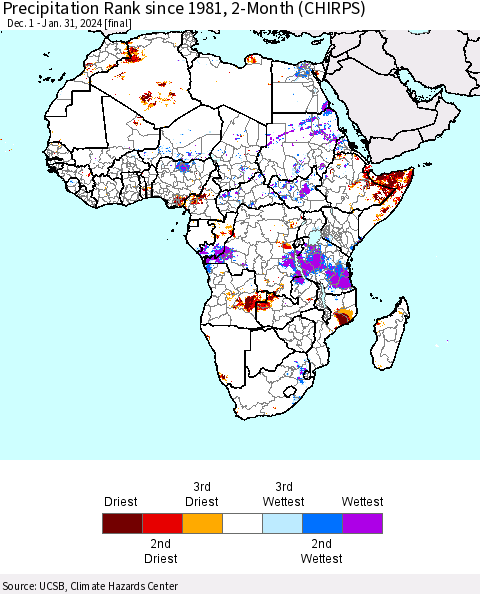 Africa Precipitation Rank since 1981, 2-Month (CHIRPS) Thematic Map For 12/1/2023 - 1/31/2024