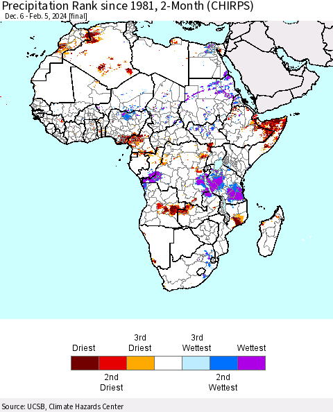 Africa Precipitation Rank since 1981, 2-Month (CHIRPS) Thematic Map For 12/6/2023 - 2/5/2024
