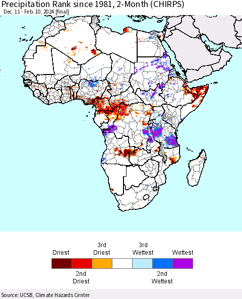 Africa Precipitation Rank since 1981, 2-Month (CHIRPS) Thematic Map For 12/11/2023 - 2/10/2024