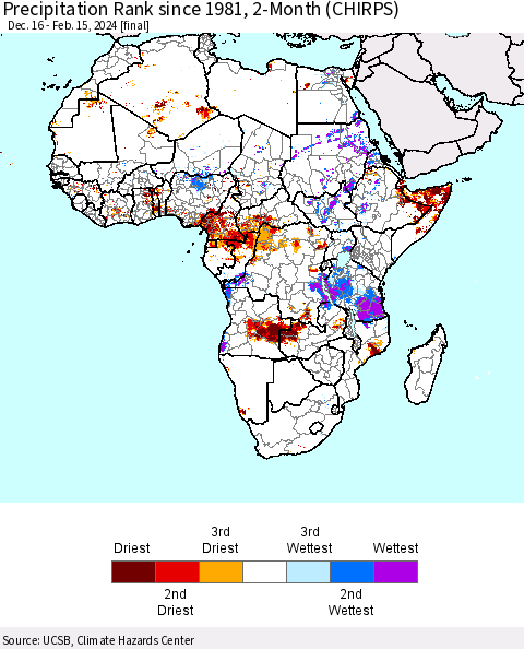 Africa Precipitation Rank since 1981, 2-Month (CHIRPS) Thematic Map For 12/16/2023 - 2/15/2024